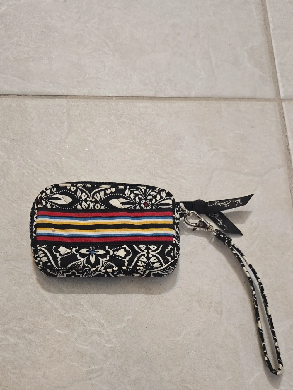 Vera Bradley Black Floral Wristlet with Multicolor Stripe Accent